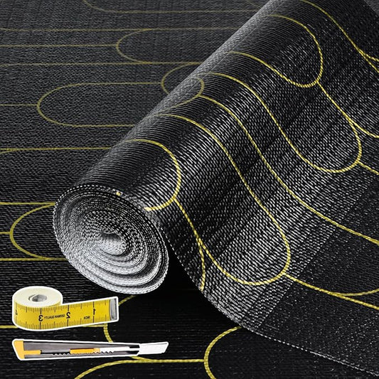 Shelf Liners for Kitchen Cabinets Drawer Liner 12in x 30FT Non Adhesive Black Gold Line Thickened Refrigerator Shelf Liner Paper Strong Easy to Clean for Tool Box with Knife and Tape Measure