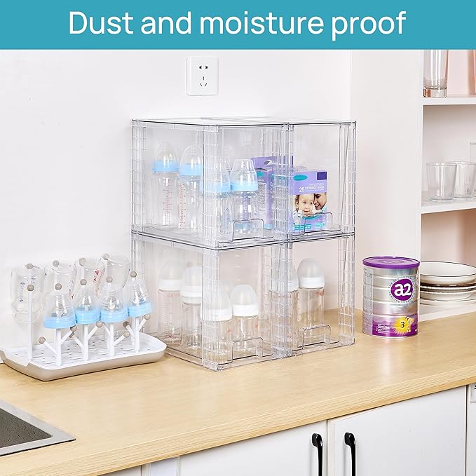 Vtopmart 4 Pack Clear Stackable Storage Drawers, 9.7" High Plastic Organizers Bins for Skincare, Bathroom Supplies, Ideal for Cabinet, Undersink, Vanity, Kitchen, Pantry Organization