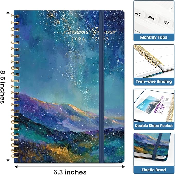 Planner 2026-2027, Academic Year Monthly and Weekly Calendar Planner, Jul 2026 - Jun 2027, Hardcover Teacher Student Planning Agenda book with Tabs, Perfect for School Office Supplies, 6.3" x 8.5" - Starlit Peaks
