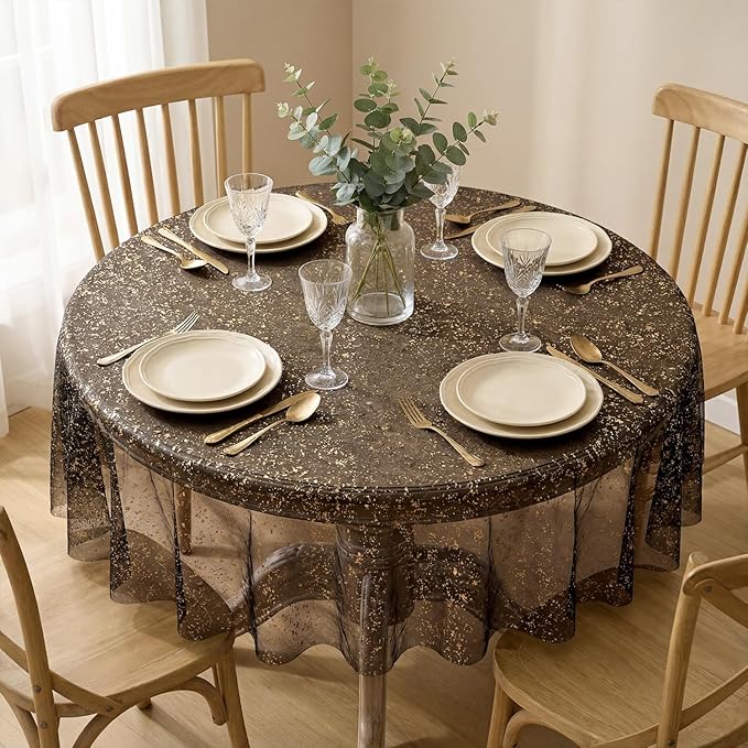 Horaldaily Black Gold Gauze Tablecloth 60x60 Inch Round, Golden Sequin Glitter Metallic Foil, Sheer Tulle Cheesecloth for Wedding Baby Shower Ceremony Birthday