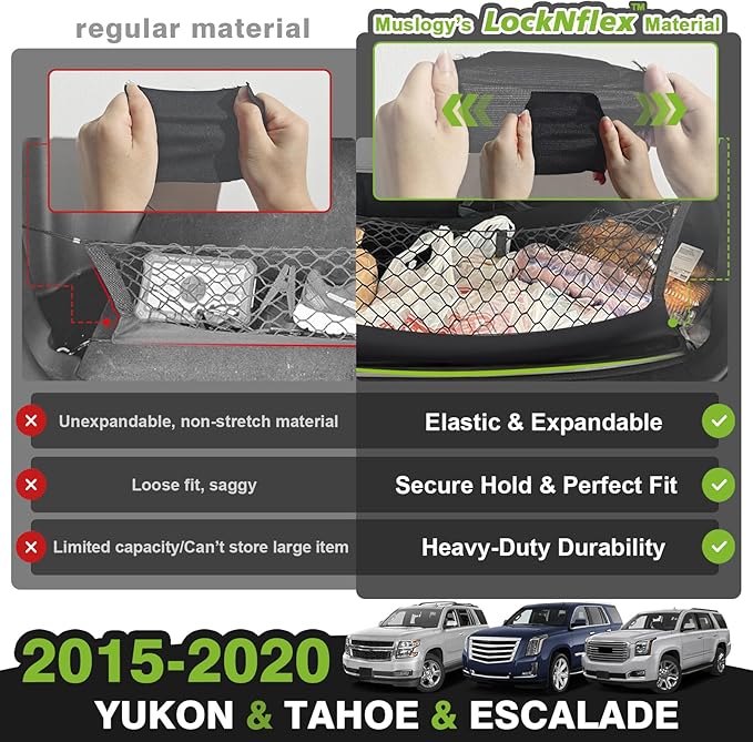 Muslogy Envelope Style Trunk Cargo Net Compatible with 2015-2020 Chevy Tahoe, GMC Yukon, Cadillac Escalade Accessories Upgraded Mesh Storage Luggage Net with Metal Hooks