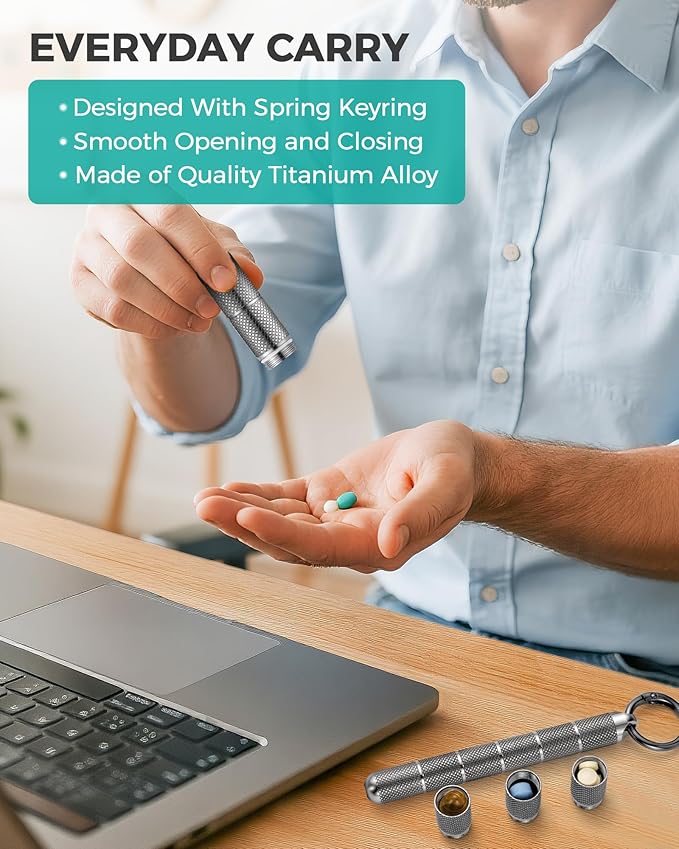 TISUR Titanium Keychain Pill Holder Small Metal Pill Case, Pill Organizer Portable Waterproof Pill Container, Travel Pill Bottle Box for Purse (Tiny-0.39in 7 Separate Compartments)