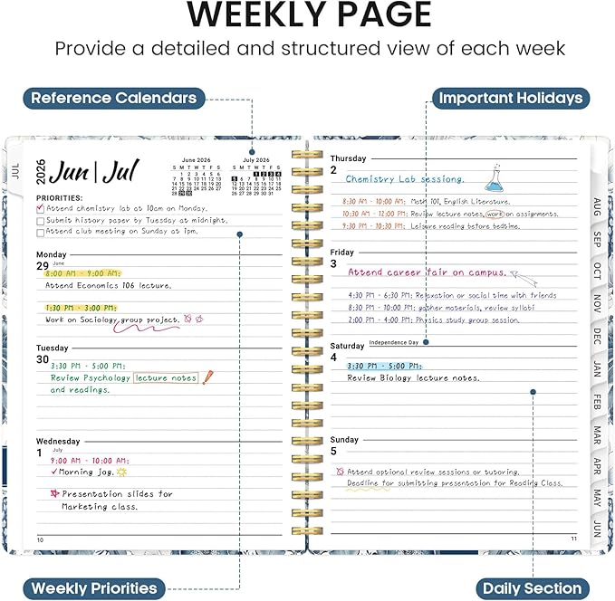 Planner 2026-2027, Academic Monthly and Weekly Calendar Planner for Women, July 2026 - June 2027, Hardcover Pretty Agenda Planner Book with Tabs, Spiral Daily Organizer for School Office Home Supplies, 8.5" x 11" - Blue Floral
