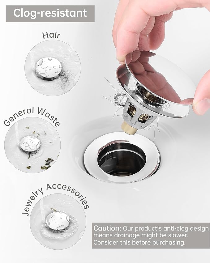 Fransiton Bathroom Sink Drain Stopper, Big-Cap Pop-up Drain Fits 1.1“-1.77”Lavatory Vanity RV Sink, Anti-Clogging Drain Plug with Detachable Hair Catcher, Chrome Plated
