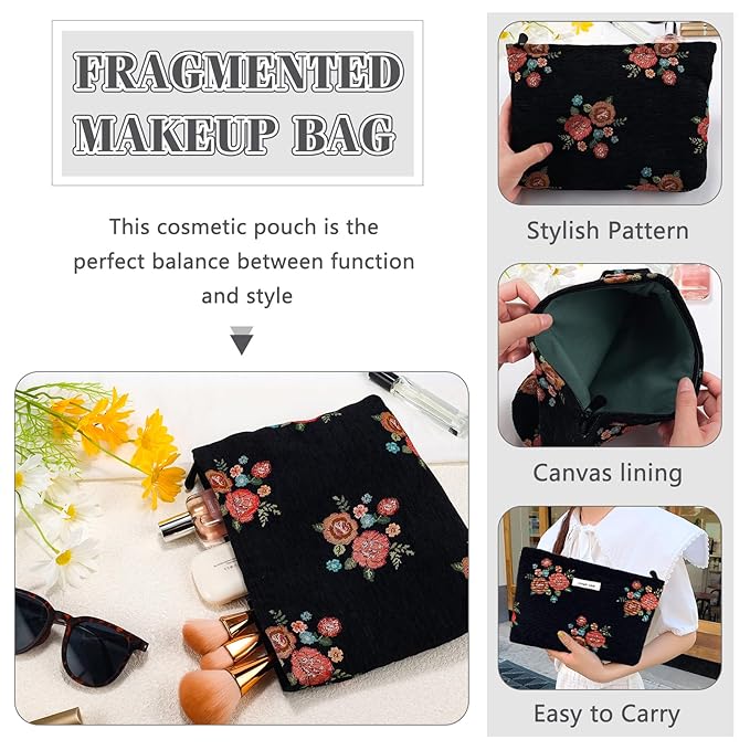 ZLFSRQ Makeup Bag Travel Cute Black Vintage Flower Floral Cosmetic Bags for Women Large Embroidery Toiletry Pouch Zipper Cosmetic Pouch for Purse Aesthetic Makeup Organizer Bag Portable Toiletry Bags