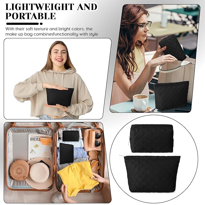 2 Pcs Pencil Case Quilted Makeup Bag Aesthetic Cosmetic Pouch for Women Puffer Travel Toiletry Bag Set Cotton Small Purse Pouch Makeup Organizer with Zipper(Black)