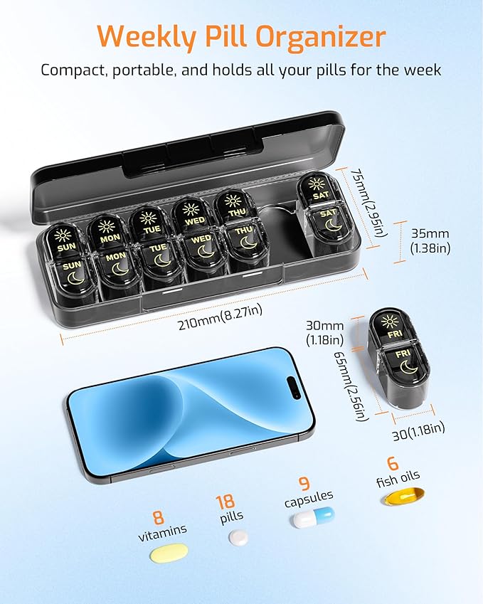 Daviky Weekly Pill Organizer 2 Times a Day, 7-Day AM PM Medicine Case, Travel-Friendly Pill Box for Fish Oils, Vitamins & Supplements