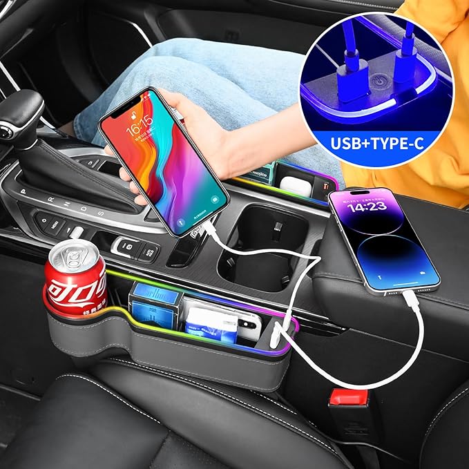 keketuohai 7 Color Led Car Seat Gap Organizer with Type C USB Multifunctional Console Side Gap Organizer with 56W Fast Charger Car Front Seat Gap Filler with Ambient Lamp for Andriod iPhone (Grey)