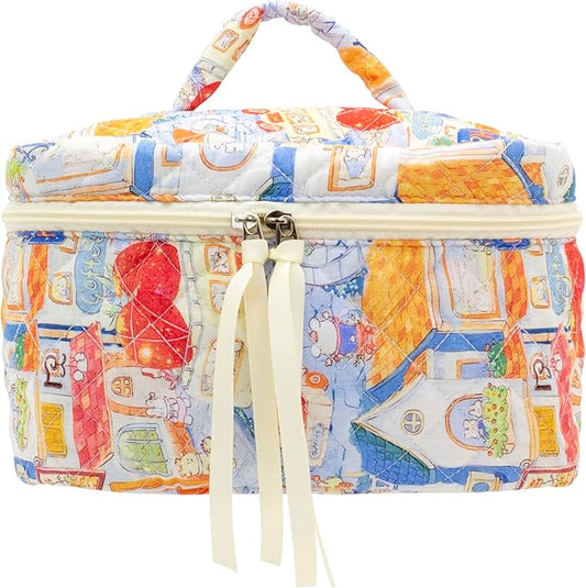 PAZIMIIK Quilted Makeup Bag Large Travel Zipper Soft Cosmetic Case for Women Girls Make Up, Little Bunny