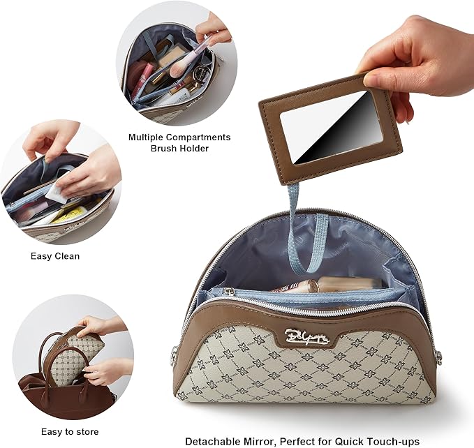 BOYATU Small Travel Makeup Bag for Women: Elegant Vegan Leather Cosmetic Pouch for Purse - Waterproof Toiletry Bag with Mirror(011-Light Brown)