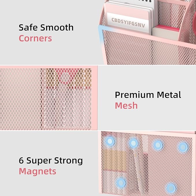 DALTACK Magnetic Pencil Holder Shelf for the Whiteboard, 3-Grid Mesh Pen Refrigerator Organizer, Locker Accessories for Home, School, and Office, Pink (3-GridPink)