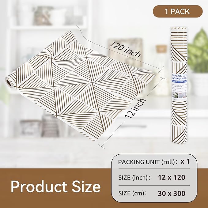 FIFTY FEET 12"x120" Non-Adhesive Shelf Liner for Kitchen Cabinets and Drawers, Washable Non-Slip PVC Cabinet Liner (Brown Modern)(1 Roll)
