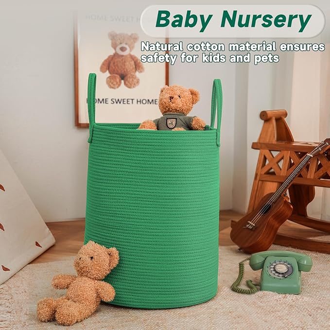 Large Woven Laundry Basket Hamper, 60L Cotton Rope Storage Bin for Blankets, Toys, and Clothes, Decorative Tall Nursery Hamper for Living Room, Baby Nursery, Bathroom, and Bedroom, Dark Green