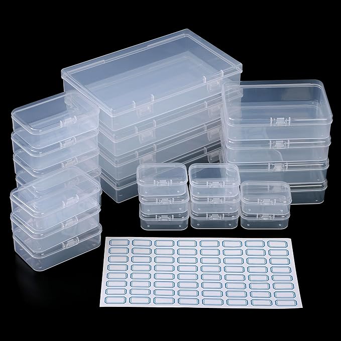 Plastic Case Bead Organizer Box 24 pcs Small Clear Plastic Storage Containers Craft Storage Box with Hinged Lid and Labels Mini Boxes for Jewelry Diamonds Small Items Craft Projects
