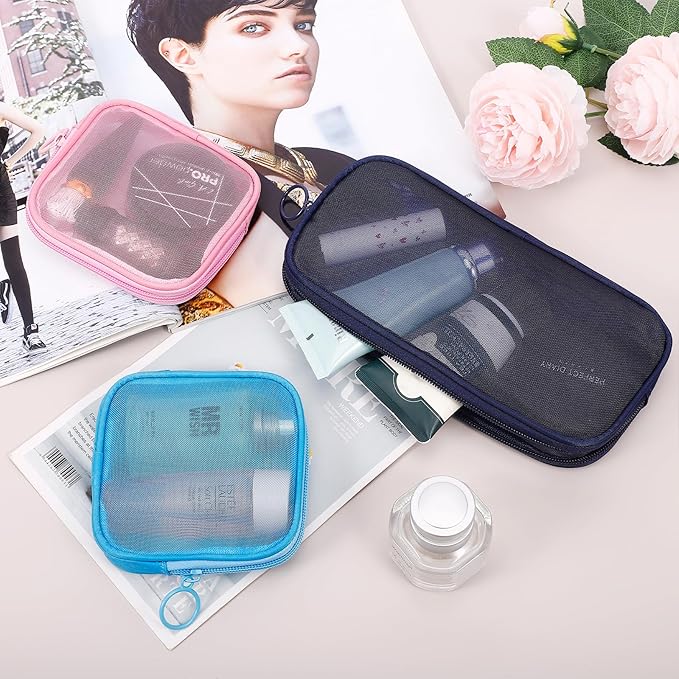 4 Pieces Mini Zipper Nylon Mesh Pouch, Mesh Cosmetic Bags Makeup Bags, Multipurpose Travel Toiletry Bags for Office Supplies and Travel Accessories (Pink, M)