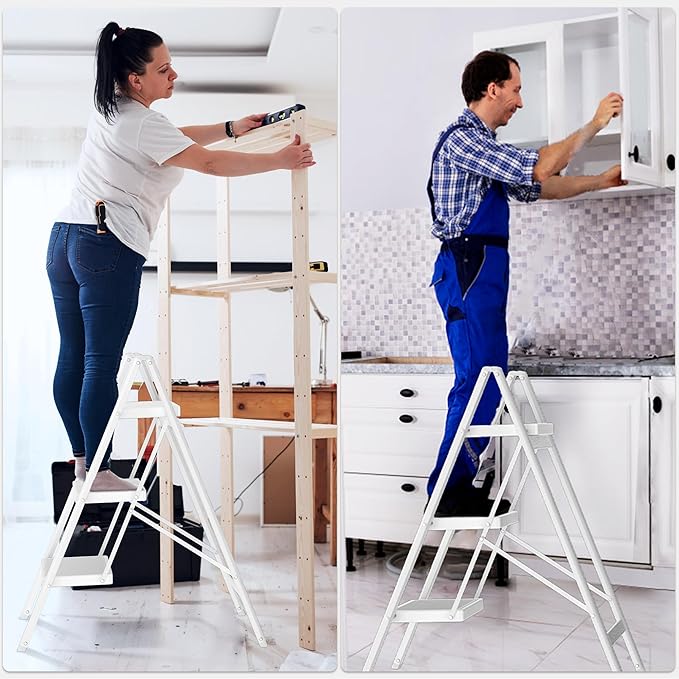 3 Step Ladder, Folding Step Stool with Anti-Slip Wide Pedal, Anti-Slip Feet, Sturdiest Steel Construction, 600lbs Capacity Steel Ladder for Home and Office, White