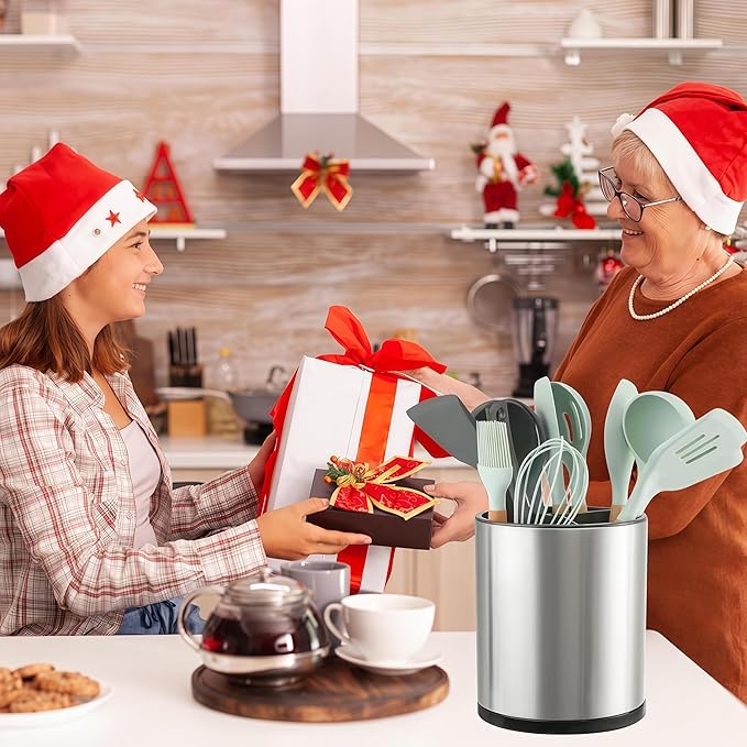 Utensil Holder,Large 360°Rotating Kitchen Utensil Holder For Counter,Cooking Silverware Organizer Stainless Steel Caddy Flatware Spoon Spatula Tool Cutlery Container