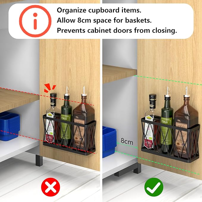 YIGII 3 Pack Adhesive Cabinet Organizer - Wall Mounted Pantry Door Organizer Bin Holder for Tupperware Lid Kitchen Wall Under Sink Basket Slim Space Black Stainless Steel