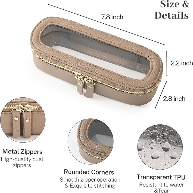 Aveniee Slim Clear Makeup Brush Bag, Small Cosmetic Brush Holder, Mini Toiletry Bag Travel Case for Women, Thin Make up Bags with Dual Zipper, Cute Travel Essentials Bag Organize - Taupe