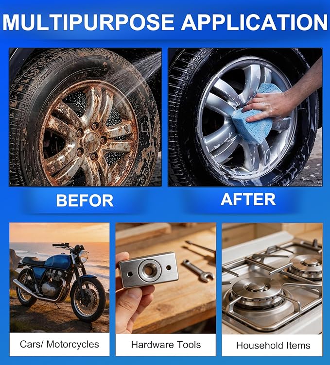 Upgrade Rust Remover Set for Metal, with Cleaning Cloth and Sponge, Heavy Duty Metal Cleaner for Vehicles, Tools, Chains, Multipurpose Iron Out Rust Stain Remover, 100 ml