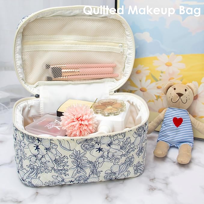 PAZIMIIK 3PCS Makeup Bag SET Large Travel Quilted Zipper Soft Cosmetic Case Pouch for Women Girls Make Up, Flower White