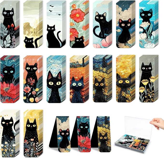 48 Pieces Magnetic Bookmarks Magnet Page Markers - Book Marks for Reading Women & Men with Storage Boxes - Gifts for Cat Lovers, Cute Magnet Bookmark Clips for Reading Pleasure (Cat Style B)