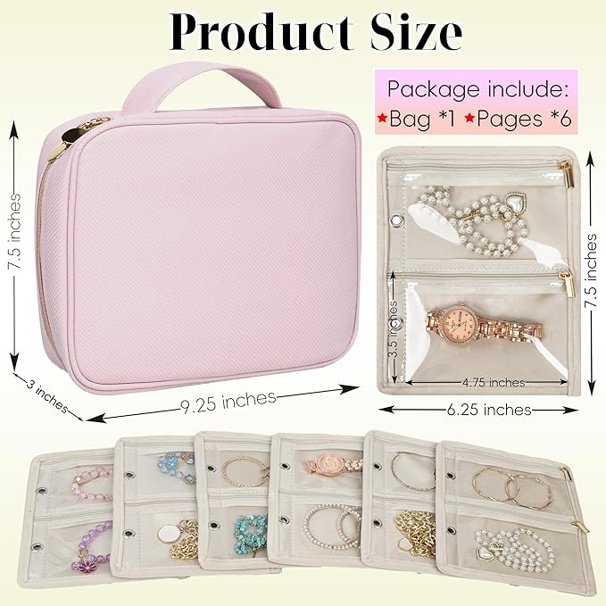 Travel Jewelry Organizer Case, Small Jewelry Bags for Traveling, Jewelry Binder with 24 Pcs Clear Zipper Velvet Pouches (Pink)