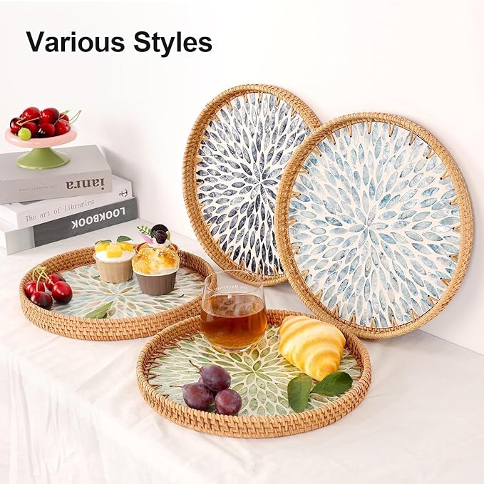 12" Large Rattan Serving Tray with Mother of Pearl, Decorative Coffee Table Trays for Home Decor, Large Wicker Woven Serving Tray Decor for Kitchen Counter,Living Room and Ottoman, Green