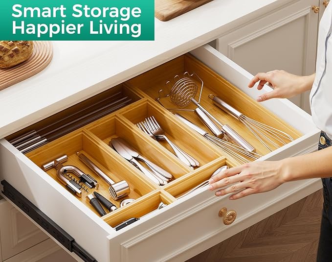Bamboo Kitchen Drawer Organizer Boxes – 9" x 6" Stackable Wood Silverware Utensil Tray for Drawers Bins, Cutlery & Flatware Storage – Wooden Organizers Set of 2 for Junk Drawer, Bathroom, RV