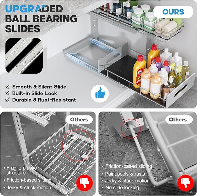 1 Pack 18 IN Depth Under Sink Organizer with Smooth Ball Bearing Slides, 2-Tier Pull Out Cabinet Storage, Slide Out Drawers for Bathroom&Kitchen, Rust-resistant Coating, Height Adjustable - Gun Gray