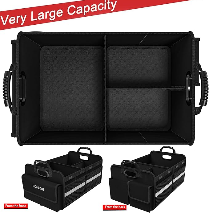 Homeve Trunk Organizer for Car, Collapsible Storage Box, Car Storage Organizer, 3 Compartment, Multi Pockets, Non Slip Strips, Adjustable Securing Straps, Black