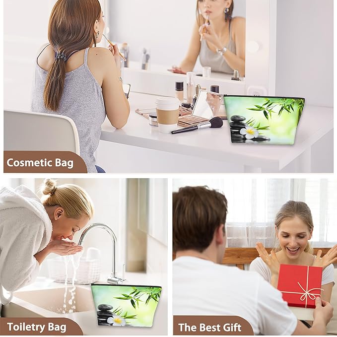 Zen Spa Makeup Bag Travel Cosmetic Bag for Women,Grey Stones Flowers Small Make up Pouch Travel Bags for Toiletries Aesthetic Accessories Waterproof Gifts