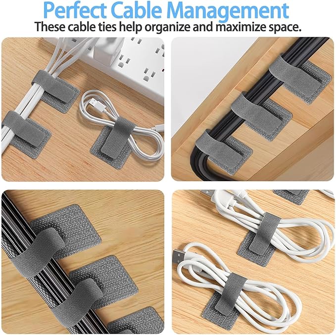 100 Pcs Hook and Loop Cable Ties, Self Adhesive Cord Management Clips Under Desk, Reusable Sticky Back Wire Organizer Straps for TV PC Laptop Office & Home