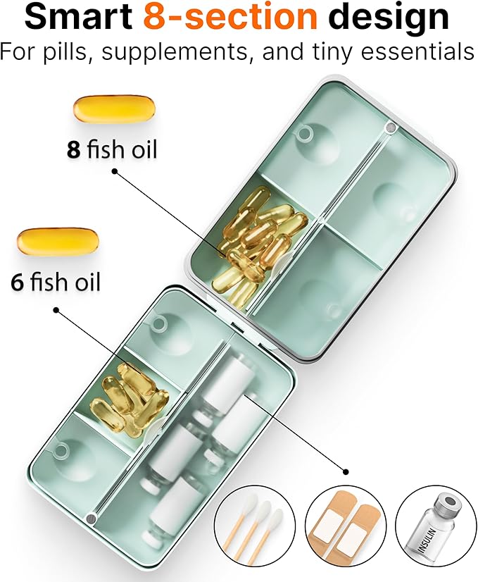 Travel Pill Organizer Box – Moisture Proof Case with Magnetic Closure, Large 8-Compartment Holder for Pills, Vitamins and Supplements, Secure Medicine Organizer for Traveling and Home, for Daily Use