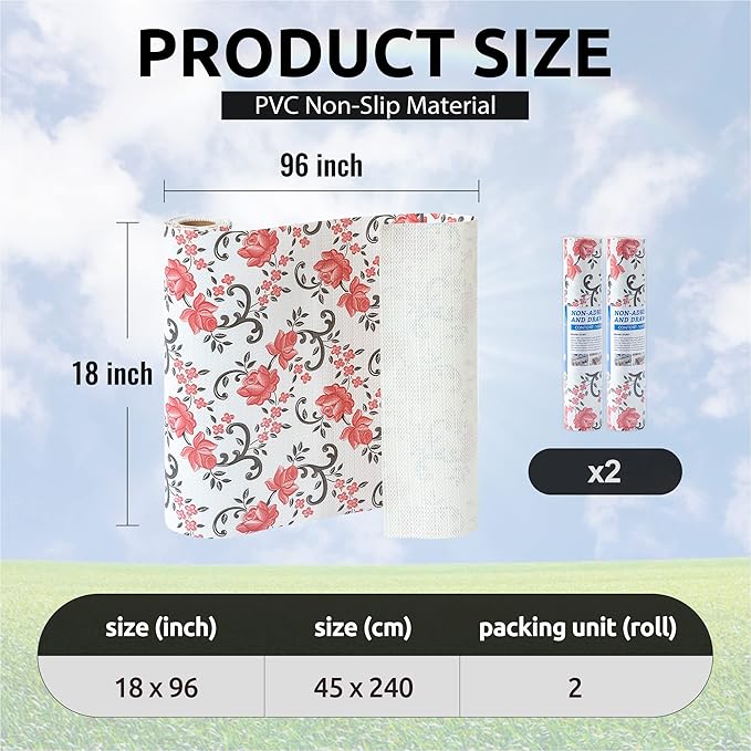 FIFTY FEET 18X96 Inch Shelf Liner for Kitchen Cabinets, PVC Drawer Liner for Dresser Non-Slip Bathroom, Non-Adhesive Cabinet Liner Washable (Red Floral)(2 Roll)