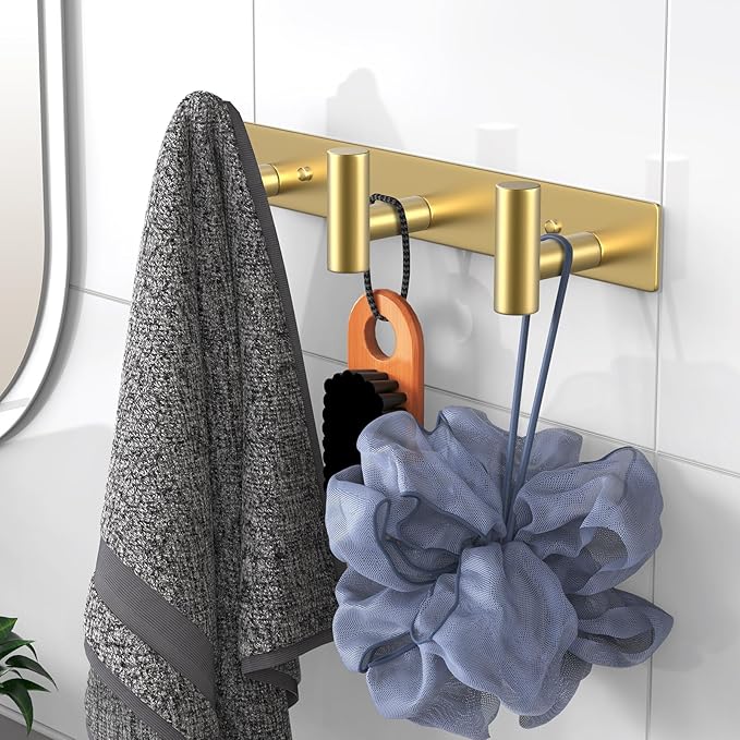 VAEHOLD Hat and Coat Wall Mount Rack - Hooks for Robes, Bags, Keys, and Towels - Bathroom Towel Hanger Organizer (Gold, "T" Shape 3 Hooks 1 Pack)