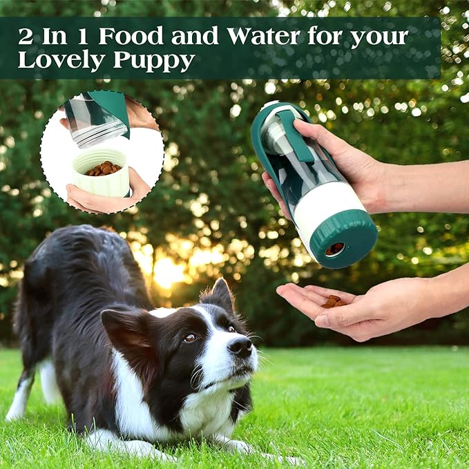 Upgraded Dog Water Bottle, Portable Dog Cat Puppy Pet Water Dispenser Feeder with Drinking Cup and Food Container Leak Proof for Outdoor Walking, Travel, Hiking 12OZ