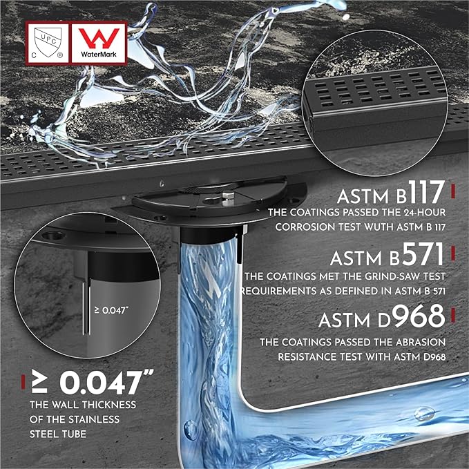 WEBANG 32 Inch Linear Shower Drain Rectangular Floor Drain with Accessories Square Hole Pattern Cover Grate Removable SUS304 Stainless Steel CUPC Certified Matte Black