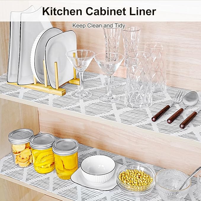 Drawer and Shelf Liner for Kitchen Cabinet,Non-Adhesive Cabinet Liner 24in x 20FT,Waterproof Shelf Paper Non-Slip Mats Cupboard Liners Contact Protect Dresser/Shelves/Table-Square Stripes