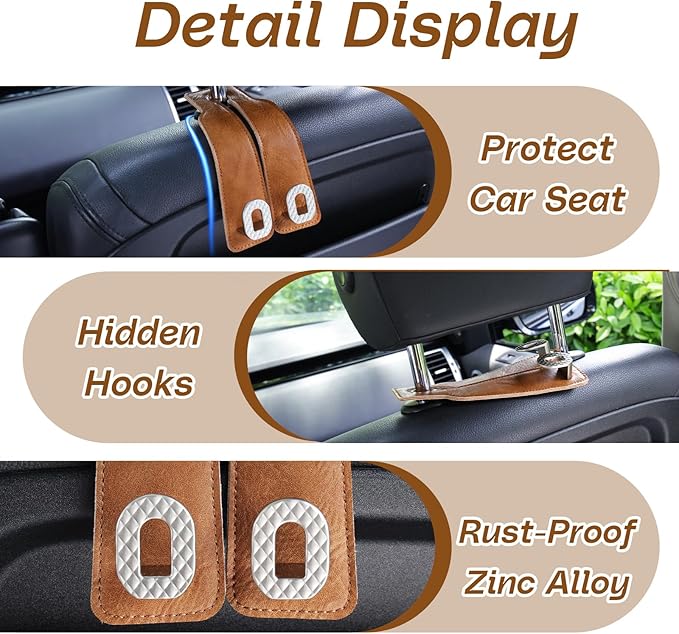Car Headrest Hooks, Universal Car Purse Hook, Premium Leather and Alloy Twin Hook, Car Seat Back Storage Hanger Hook for Purse Bags Cloth Drink, Durable Holder Car Accessories (BH09-Brown-Silver-4 Pcs)