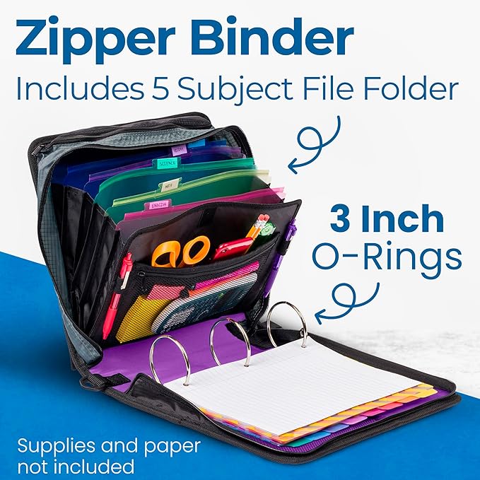 Case-it Mighty Zip Tab School Zipper Binder | 3-Inch O-Rings, 600-Sheet Capacity, 5-Subject Expanding File Folder, Multiple Pockets & Storage Organizer, Shoulder Strap | D-146 Deep Purple | 6 Pack