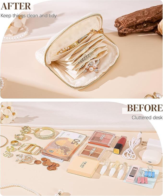 Women Travel Jewelry Case: Soft Bag with 5 Pouches for Ring Earring Necklace - Christmas and Birthday Gifts Choice (White)