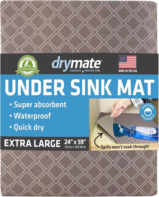 Drymate Premium XL Under Sink Mat, Waterproof Cabinet Protection Mats for Kitchen & Bathroom, Absorbent Shelf Liners, Slip-Resistant, Non-Adhesive, Machine Washable (USA Made)(24”x59”)(Taupe)