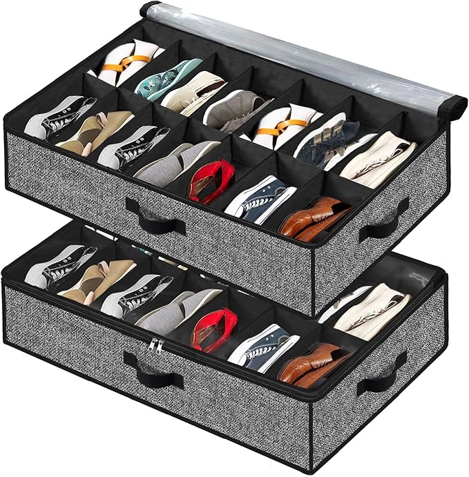 Under Bed Shoe Storage Organizer for Closet, 2 Pack - Fits 28 Pairs, Underbed Shoe Container Boxes with 2 Sturdy Handles and Clear Window, Black