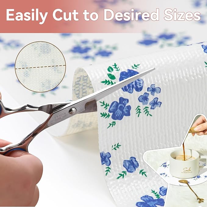RAY STAR Shelf Liner, 20 Inch x 10 Feet Non Adhesive Blue Floral Kitchen Cabinet Liner for Pantry Drawer Vanity, Strong Grip Non Slip Waterproof, Shelf Liners for Kitchen Cabinets Cupboard