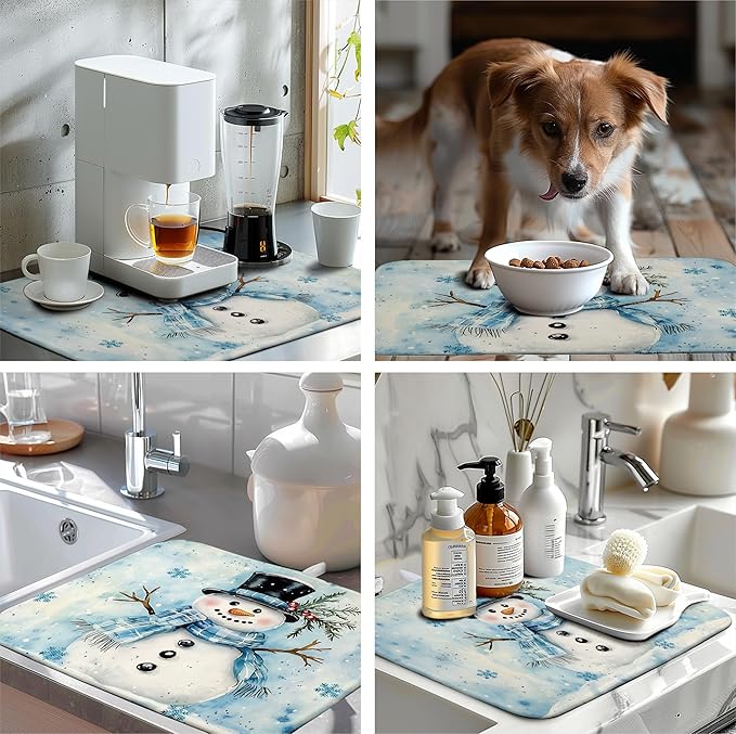 Snowman Super Absorbent Dish Drying Mat, 18x24 Inch, Winter Blue Snowflake Dish Drainer Rack, Large, Microfiber Dry Mat, Christmas Kitchen Accessory