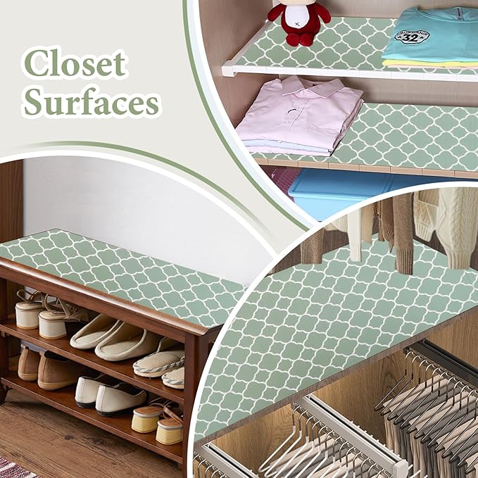 Shelf Liners for Kitchen Cabinets Non Adhesive Drawer Liner 12in x 30FT Light Green Quatrefoil Thickened Shelf Liner Strong Non-Slip Easy to Clean for Tool Box Refrigerator with Knife and Tape Measure