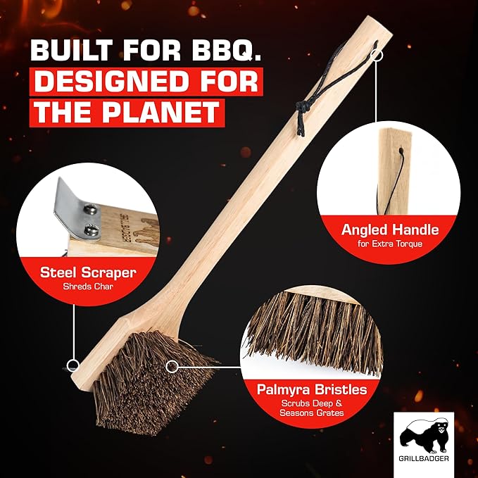 The Original Non Metal Grill Brush for Outdoor Grill | High Temp Heat Resistant BBQ Cleaning Brush | Long Lasting Wooden BBQ Cleaner with Scraper, Safe for Cast Iron Grates - Natural Wood