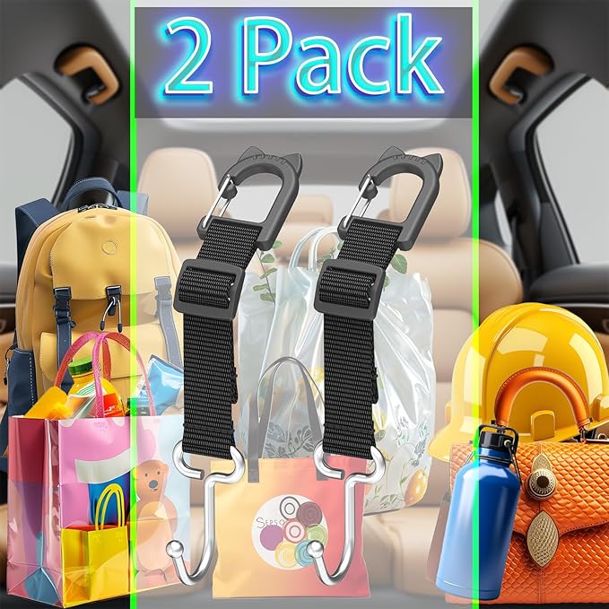 Headrest Hooks for Car, Heavy Duty Metal Utility Seat Hooks, Car Gifts, Car Accessory Organizer, 2-Pack