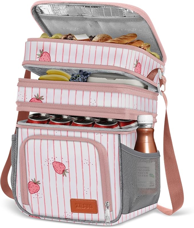 Insulated Lunch Bag for Women Men, Reusable 3-Layer Lunch Box for Women, Expandable Reusable Water-Resistant Lunch Box for Work, Travel, Office, Picnic, Hiking (Pink)
